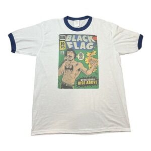 Black Flag Rise Above Graphic Ringer Tee Mens White Navy Blue Punk  Shirt 2XL